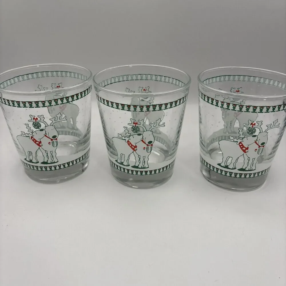 Vtg Christmas Anchor Hocking Kissing REINDEER Glasses Barware Tumbler Cathy Heck